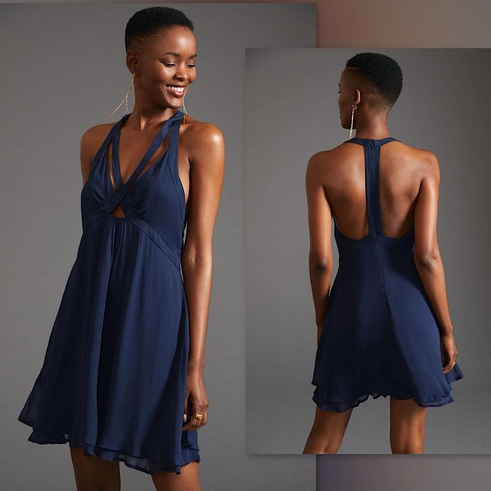 🔷Anthropologie V-Neck Strappy Mini Dress in Navy Blue, 4 NWT✨